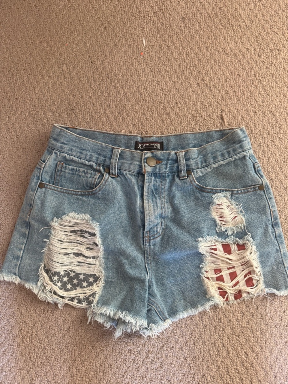 Light Blue Distressed Denim Shorts with US Flag Patch